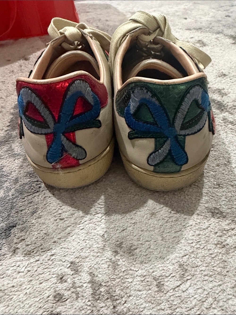 Gucci Cream Leather Floral Embroidered Sneakers with Red & Green Web - Picture 3 of 4
